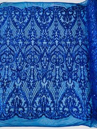 Heart Damask Iridescent Sequin Stretch Mesh Fabric / Sold by the Yard