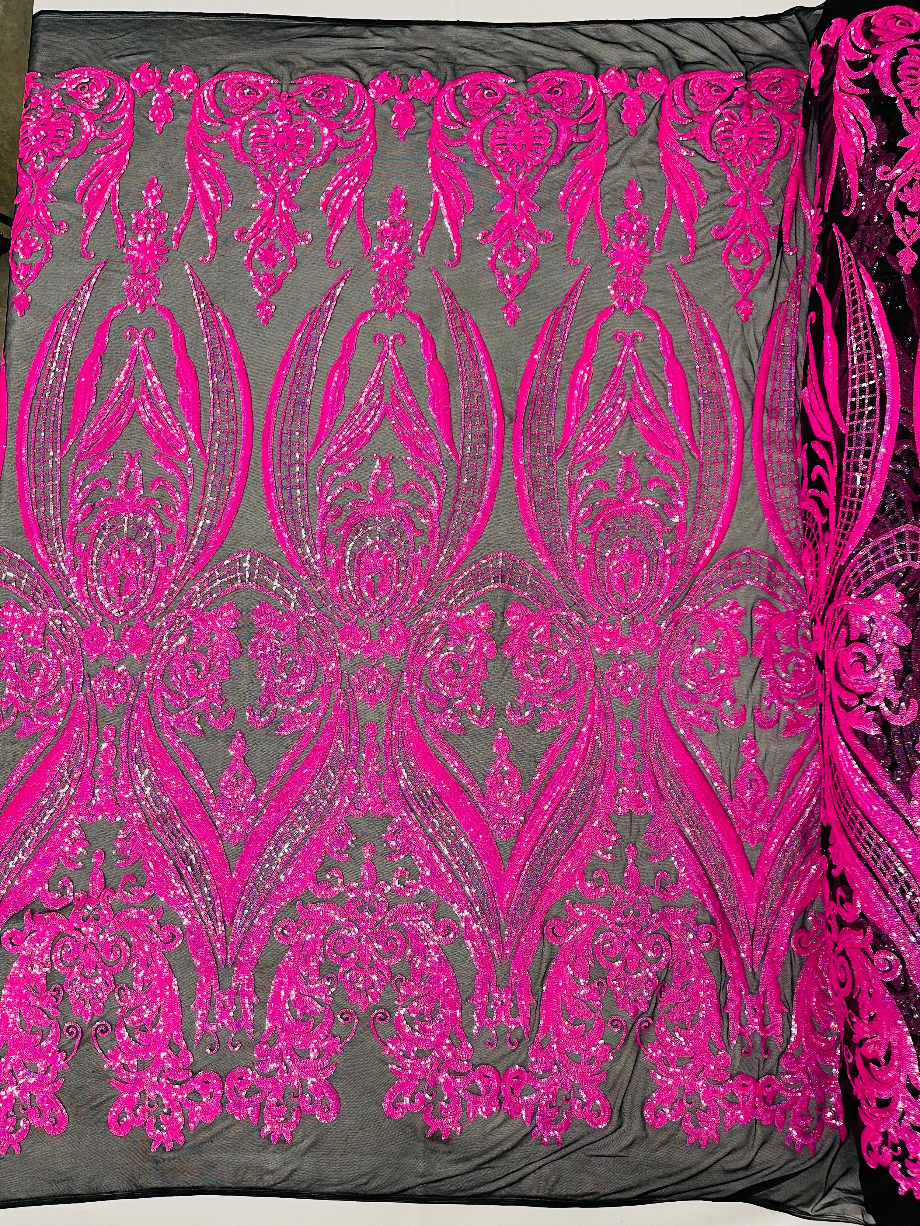 BIG DAMASK SEQUIN ON STRETCH MESH FABRIC (By The Yard)