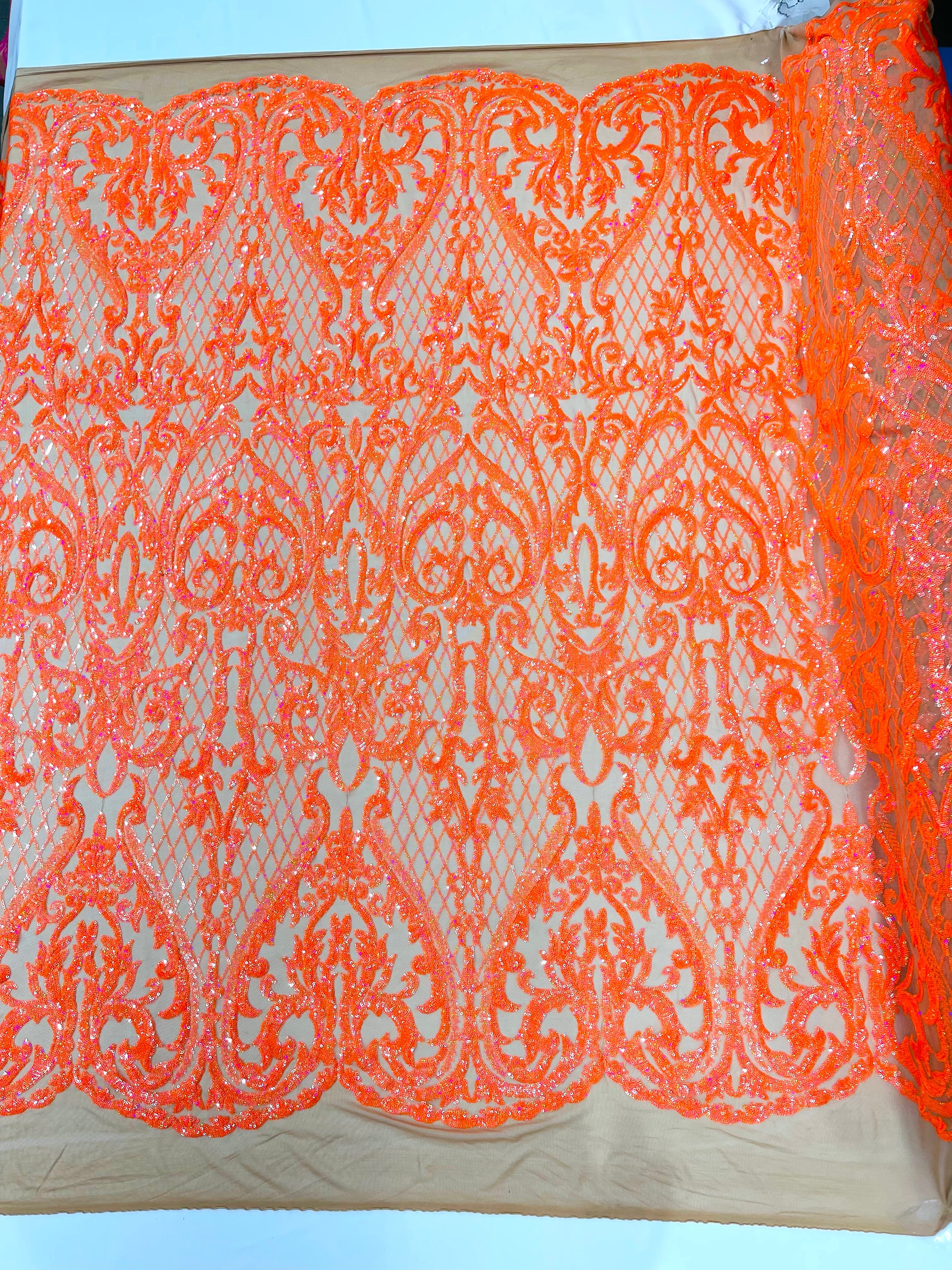 Heart Damask Iridescent Sequin Stretch Mesh Fabric / Sold by the Yard