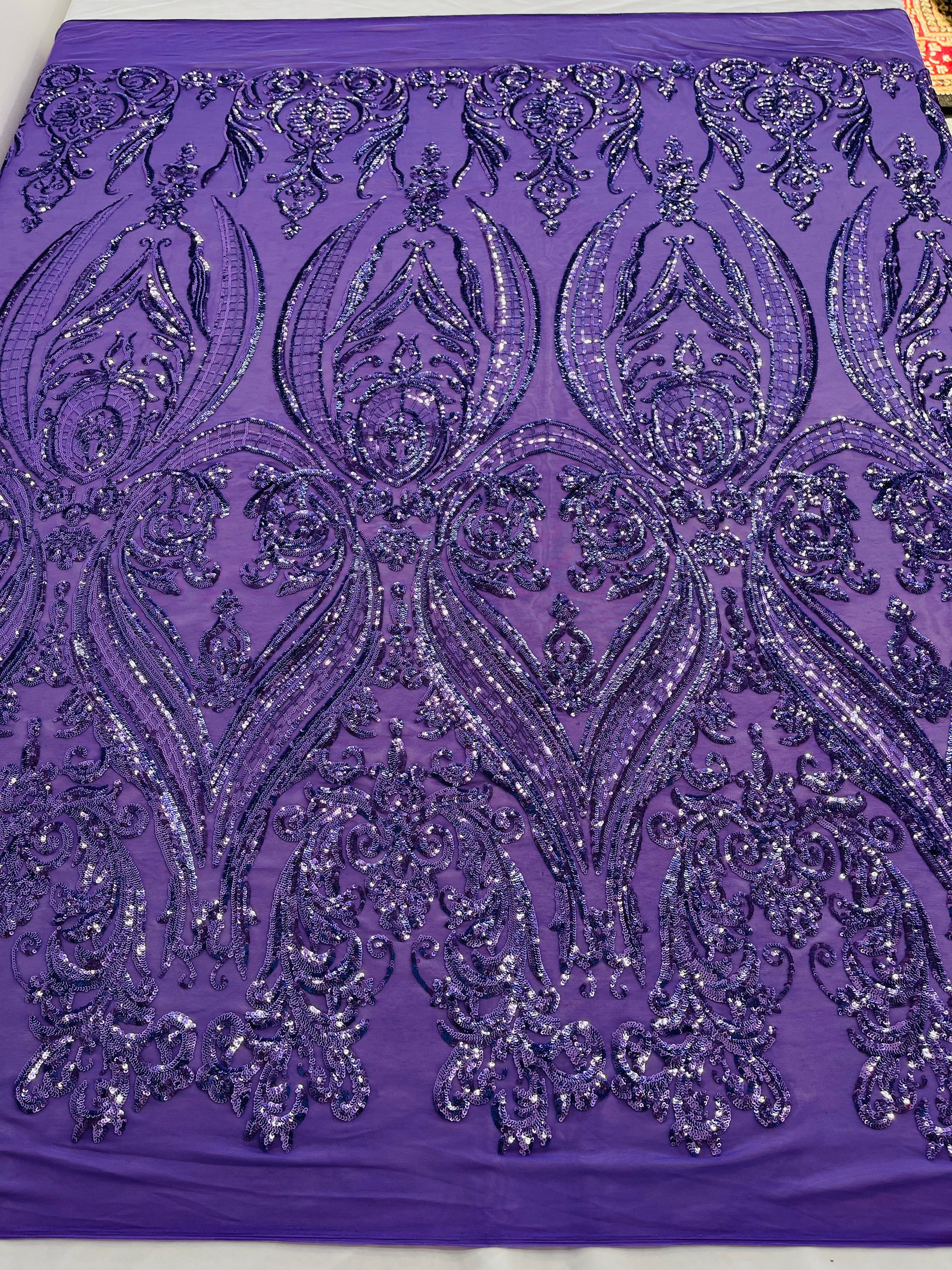 BIG DAMASK SEQUIN ON STRETCH MESH FABRIC (By The Yard)