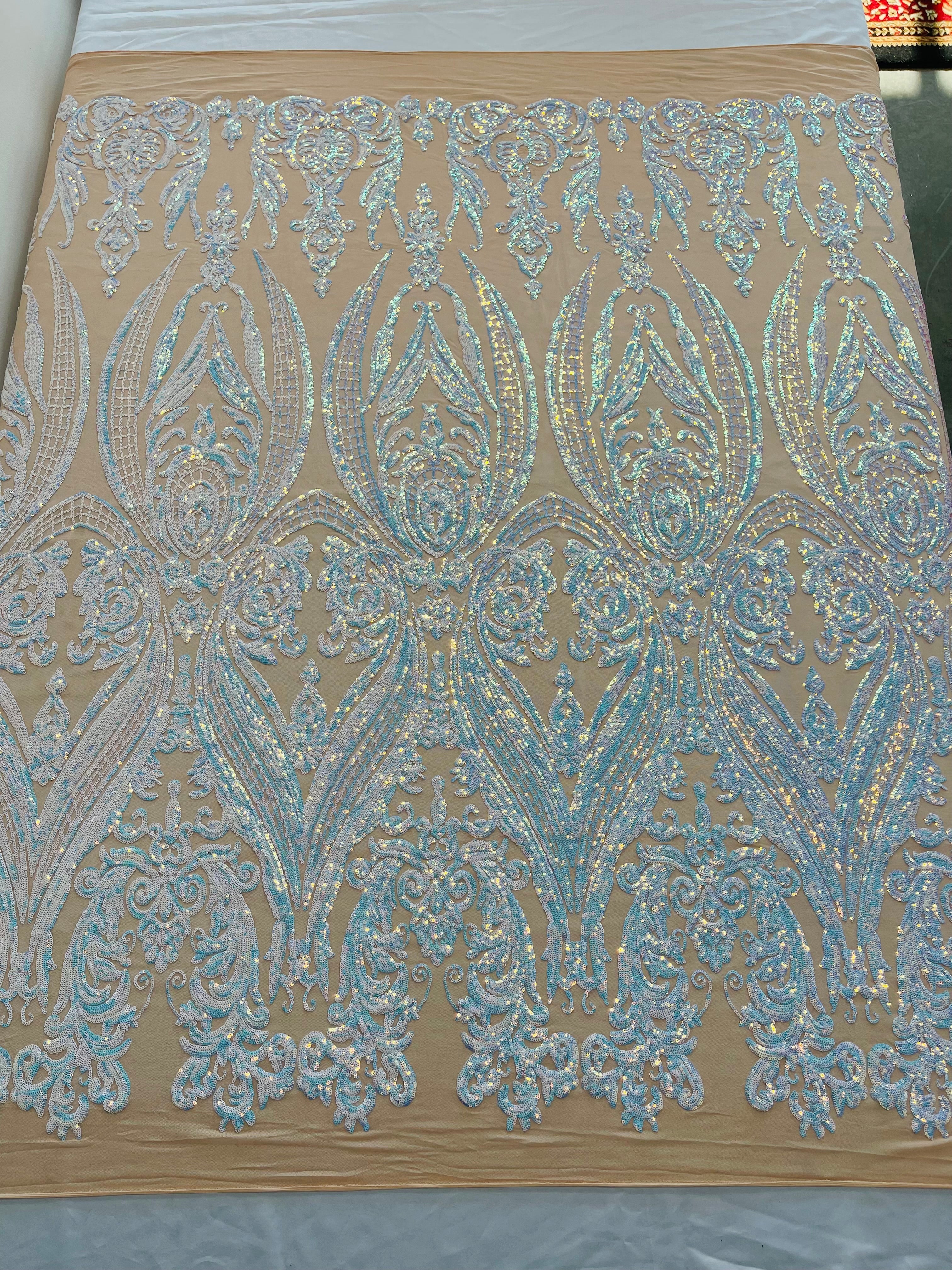 BIG DAMASK SEQUIN ON STRETCH MESH FABRIC (By The Yard)