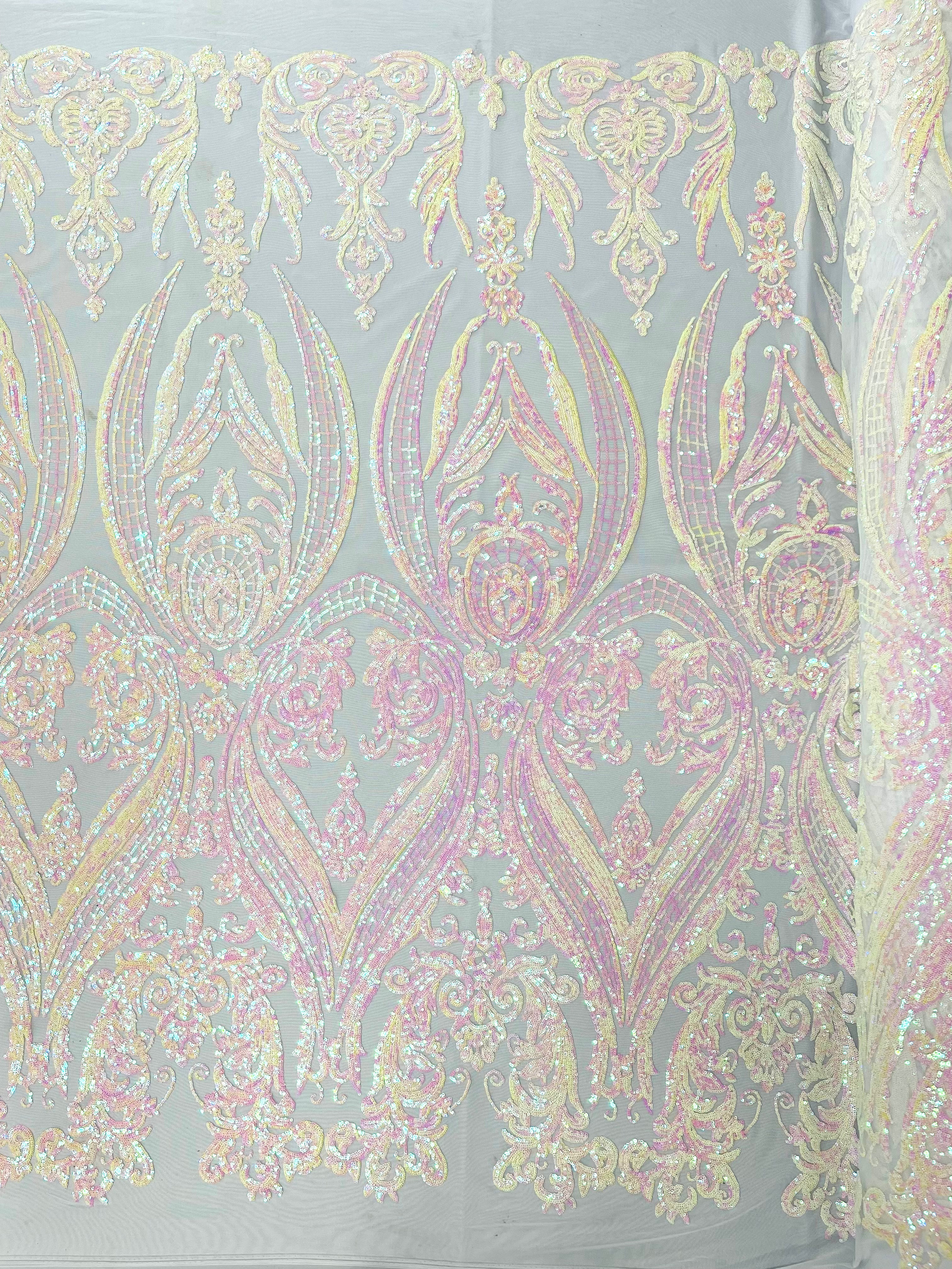 BIG DAMASK SEQUIN ON STRETCH MESH FABRIC (By The Yard)