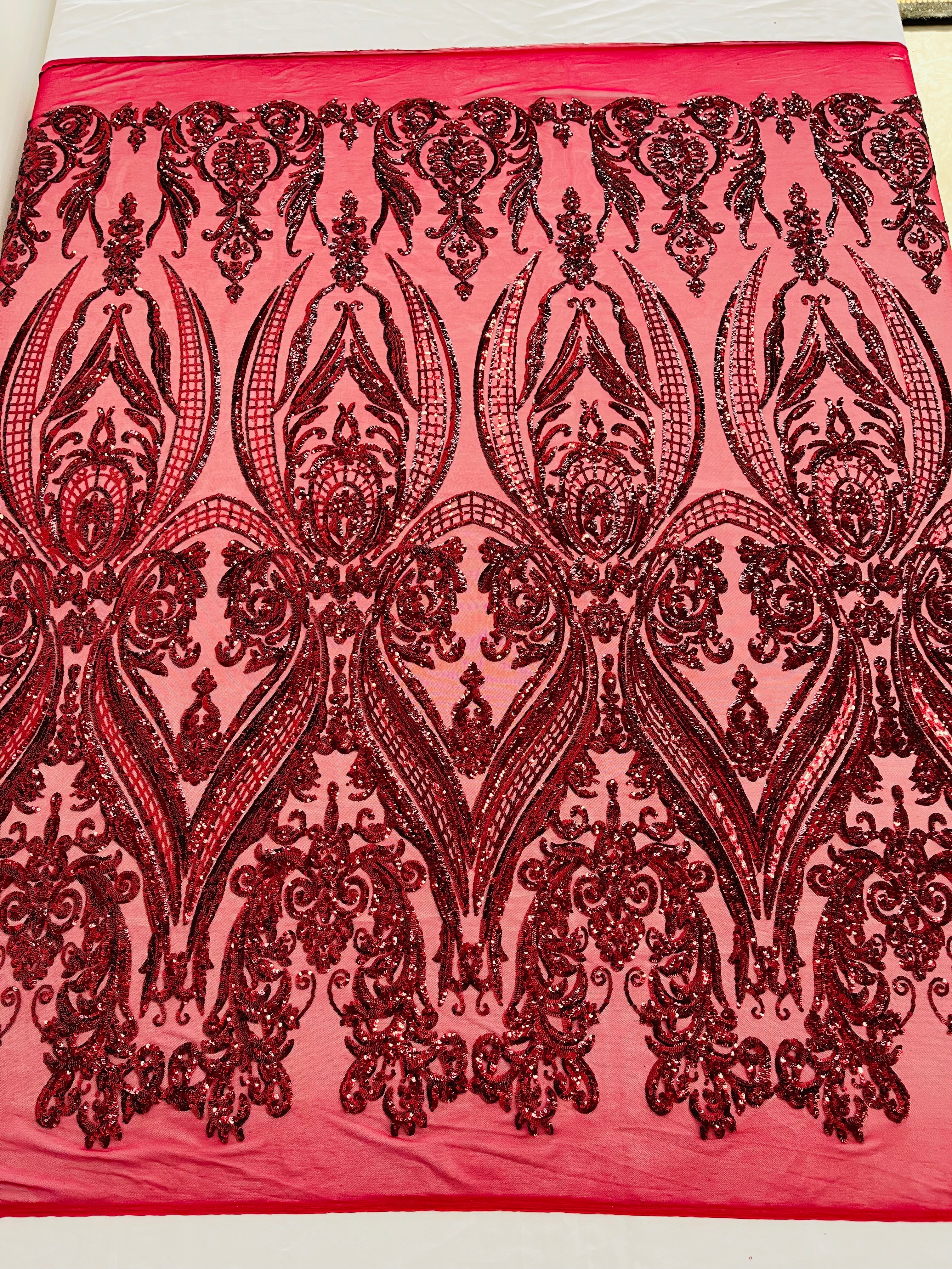 BIG DAMASK SEQUIN ON STRETCH MESH FABRIC (By The Yard)