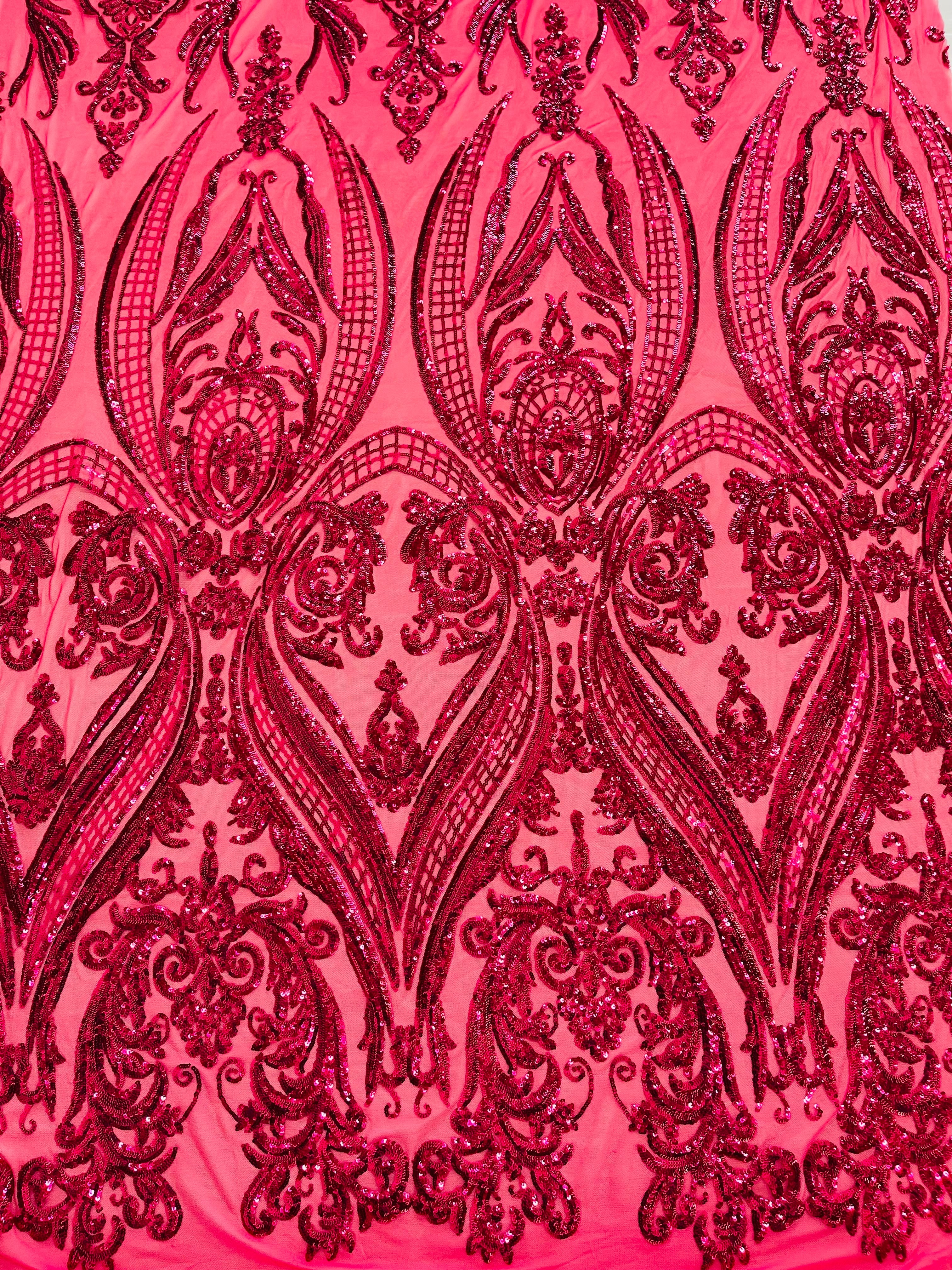BIG DAMASK SEQUIN ON STRETCH MESH FABRIC (By The Yard)