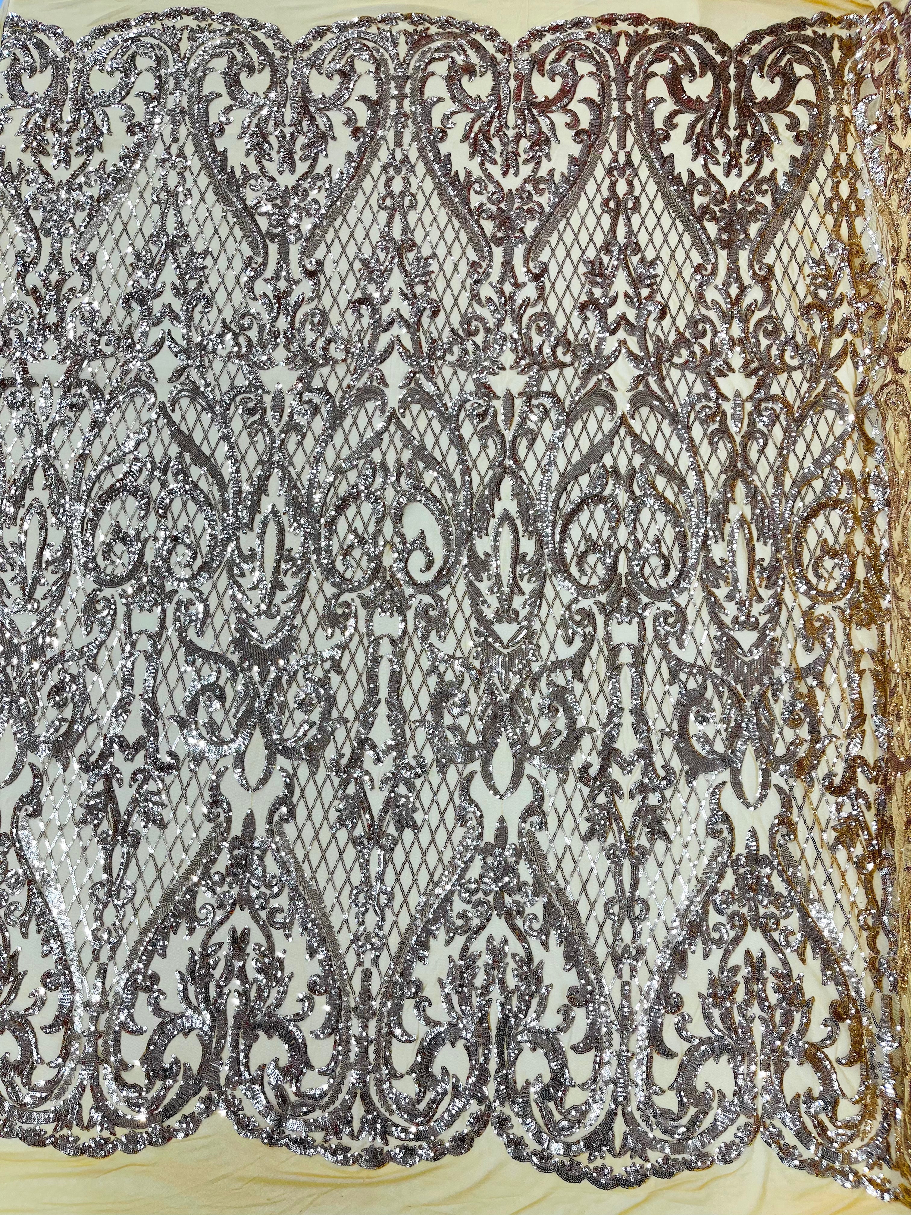 Heart Damask Iridescent Sequin Stretch Mesh Fabric / Sold by the Yard