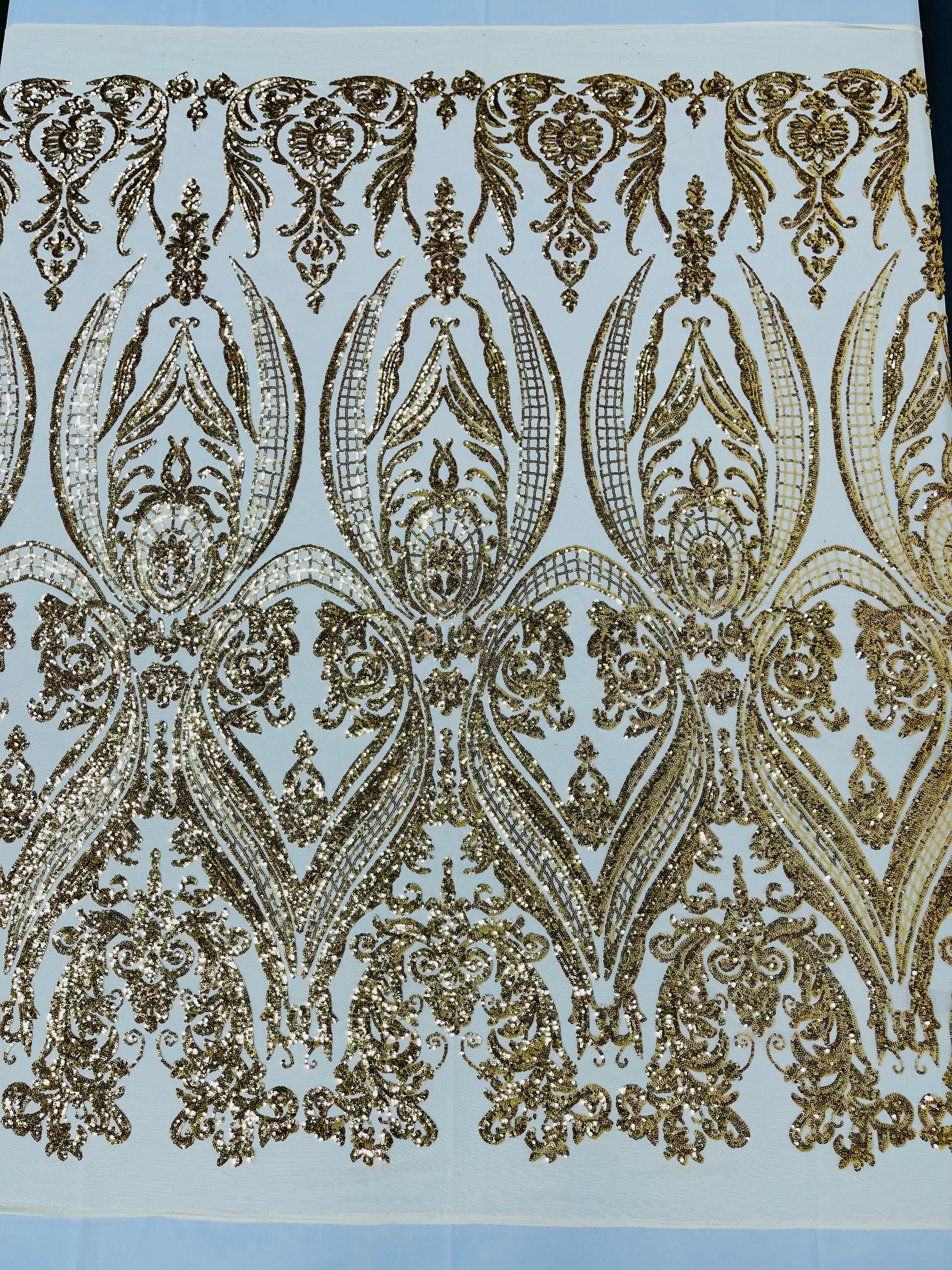 BIG DAMASK SEQUIN ON STRETCH MESH FABRIC (By The Yard)