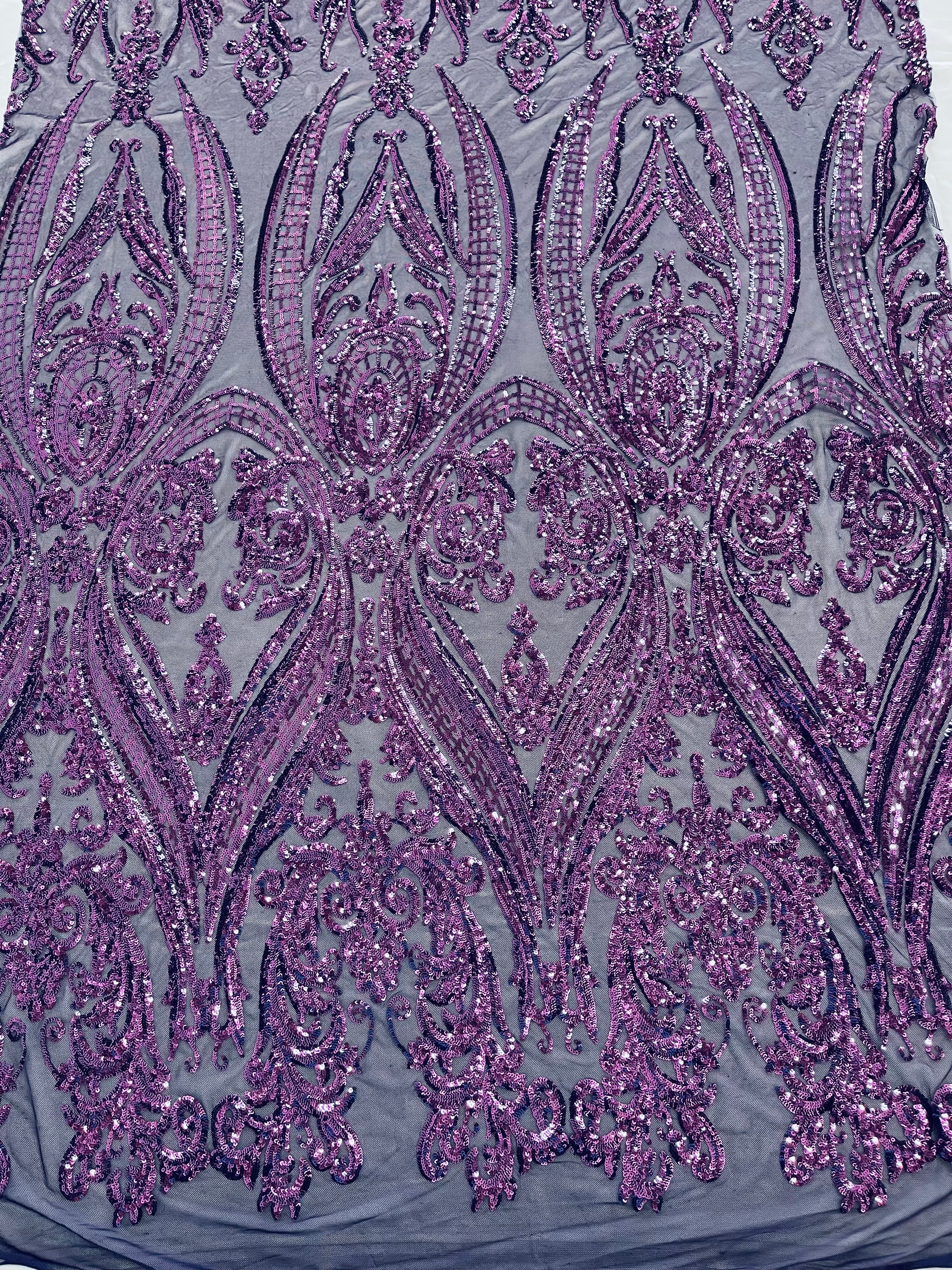 BIG DAMASK SEQUIN ON STRETCH MESH FABRIC (By The Yard)