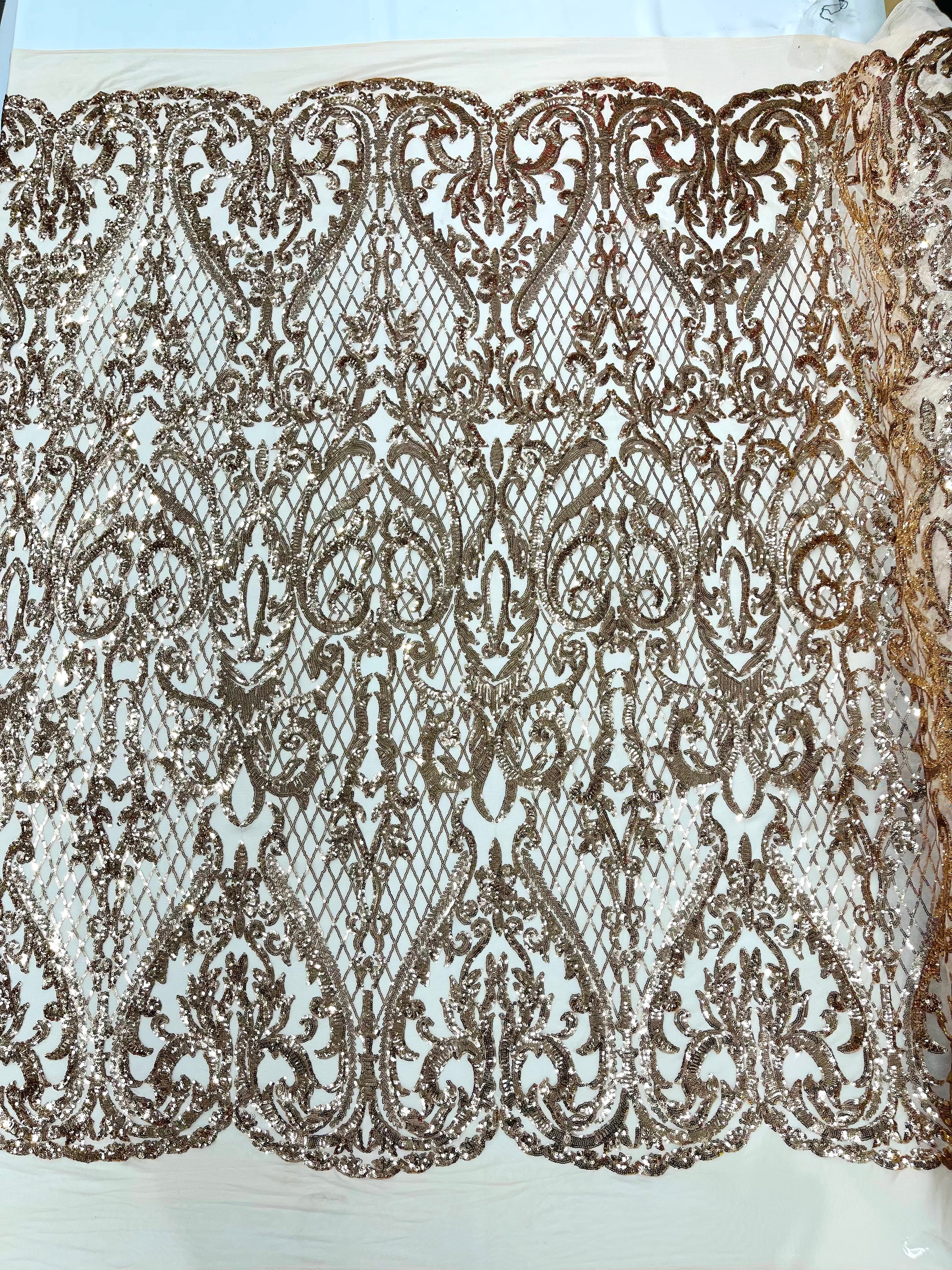 Heart Damask Iridescent Sequin Stretch Mesh Fabric / Sold by the Yard