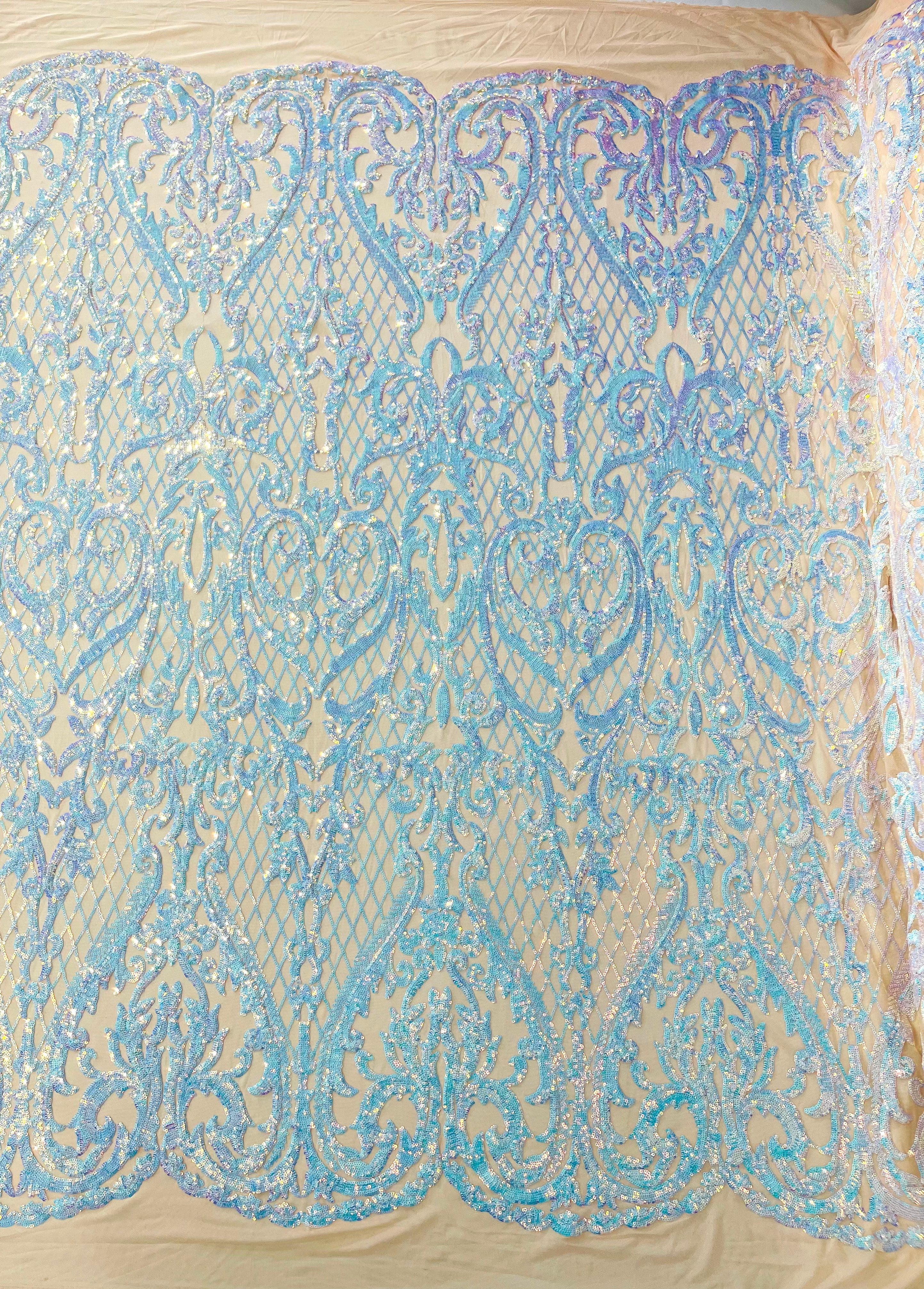 Heart Damask Iridescent Sequin Stretch Mesh Fabric / Sold by the Yard