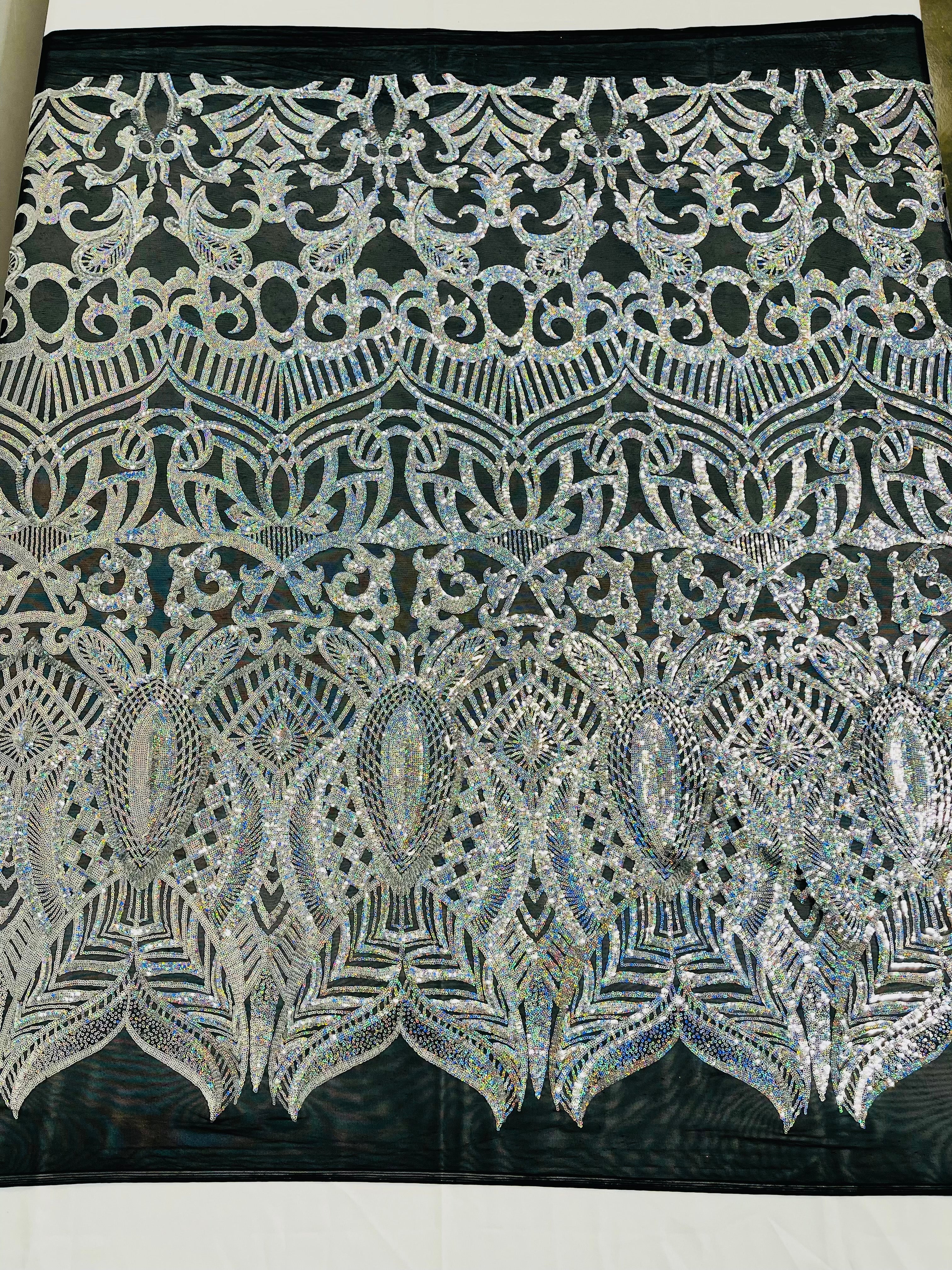 Royalty Damask Iridescent Sequin Stretch Mesh Fabric / Sold by the Yard
