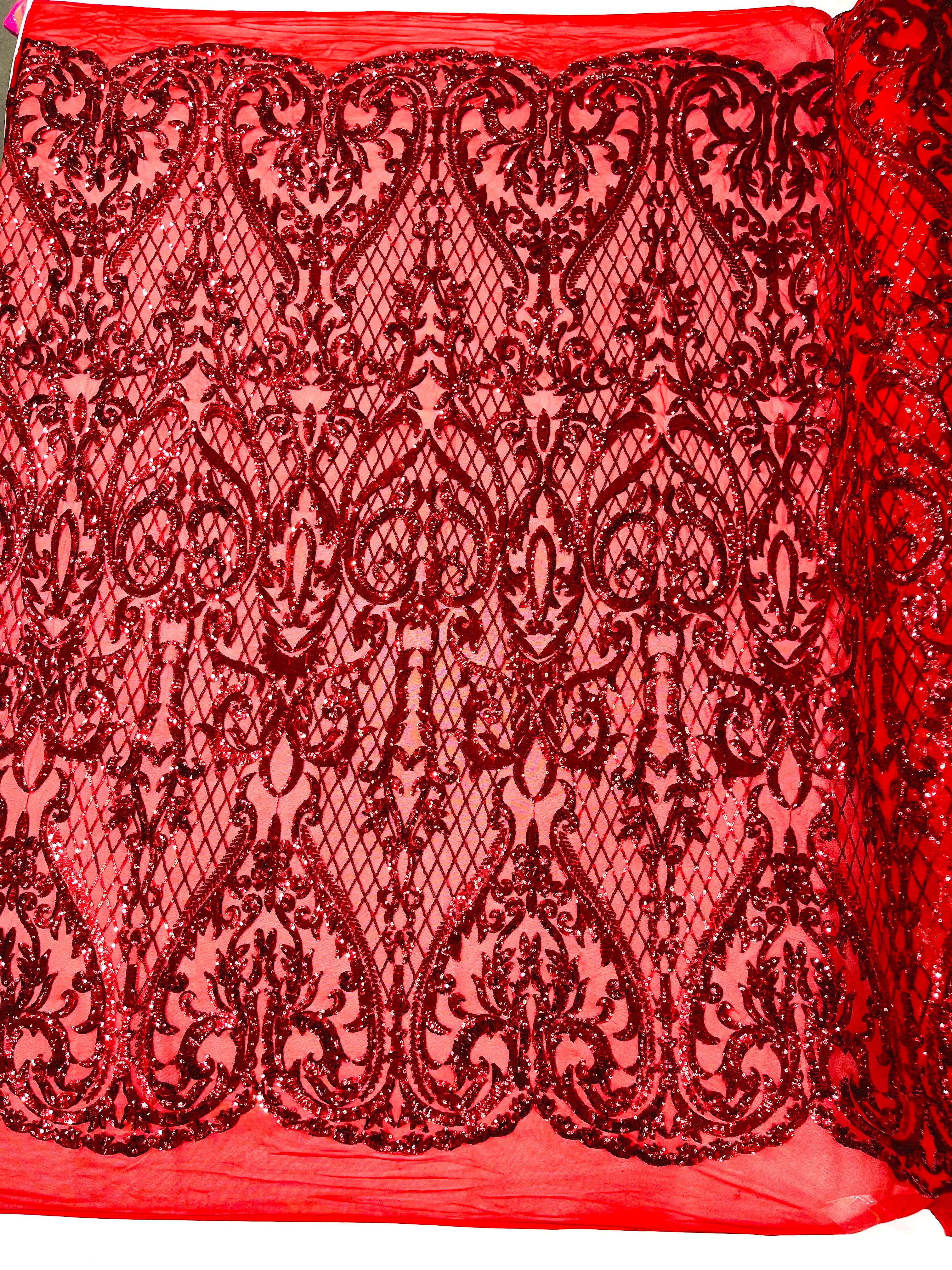 Heart Damask Iridescent Sequin Stretch Mesh Fabric / Sold by the Yard