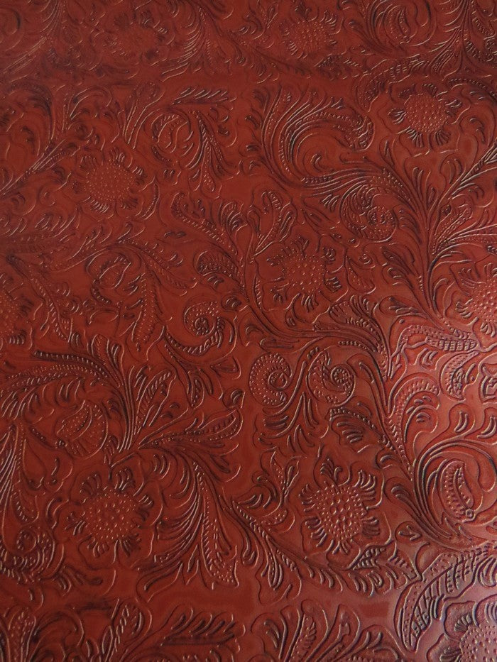 Red Vintage Western Floral Pu Leather Fabric / Sold By The Yard