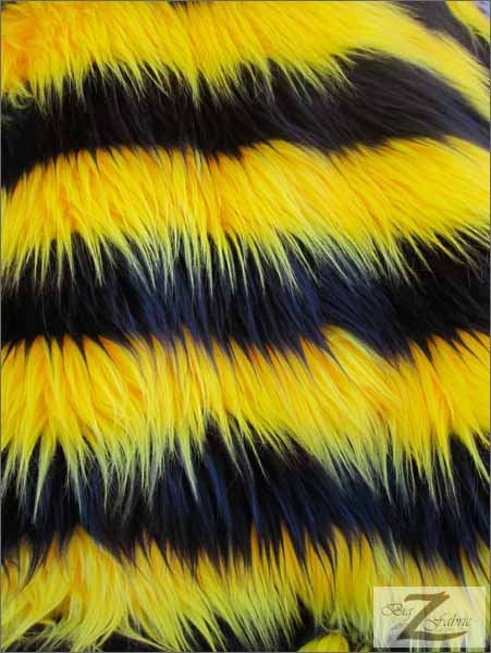 Black/Yellow 2 Two Tone Striped Long Pile Fabric / Sold By The Yard