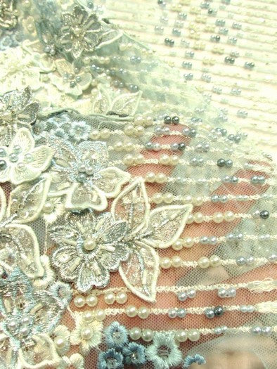 3D Bridal Beaded Luxury Floral Lace Mesh Fabric / Aqua / Sold By The Yard