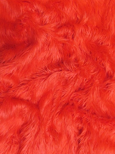 CURLY Red Solid Mongolian Long Pile Faux Fur Fabric / Sold By The Yard