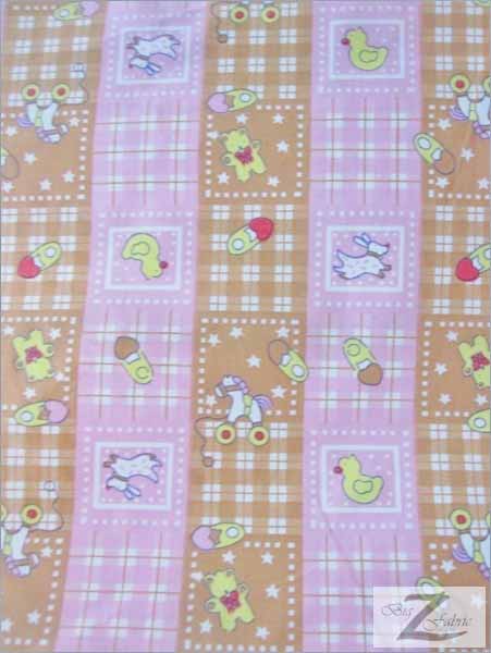 Poly Cotton Printed Fabric Animal Quilt Stripe / Brown/Pink / Sold By The Yard
