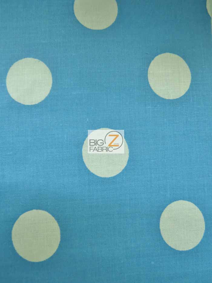 Poly Cotton Printed Fabric Big Polka Dots / Turquoise/White Dots / Sold By The Yard
