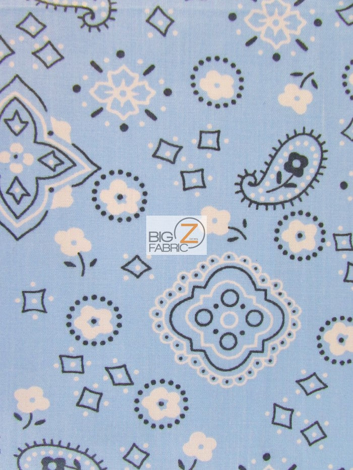 Poly Cotton Printed Fabric Paisley Bandana / Baby Blue / Sold By The Yard