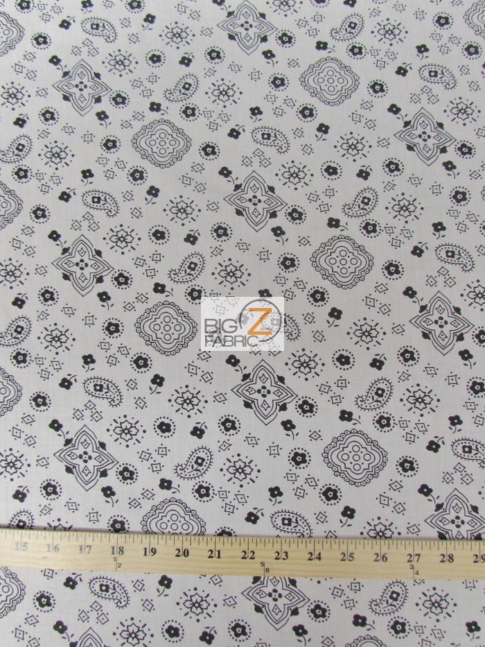 Poly Cotton Printed Fabric Paisley Bandana / White / Sold By The Yard