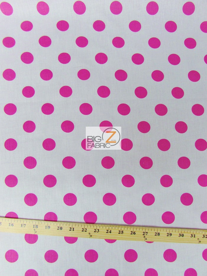 Poly Cotton Printed Fabric Big Polka Dots / White/Fuchsia Dots / Sold By The Yard