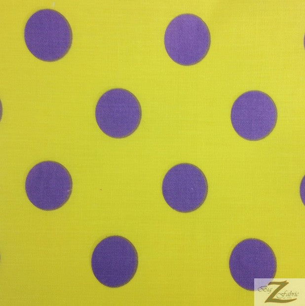 Poly Cotton Printed Fabric Big Polka Dots / Yellow/Purple Dots / Sold By The Yard