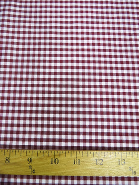 Mini Checkered Gingham Poly Cotton Printed Fabric / Burgundy / Sold By The Yard