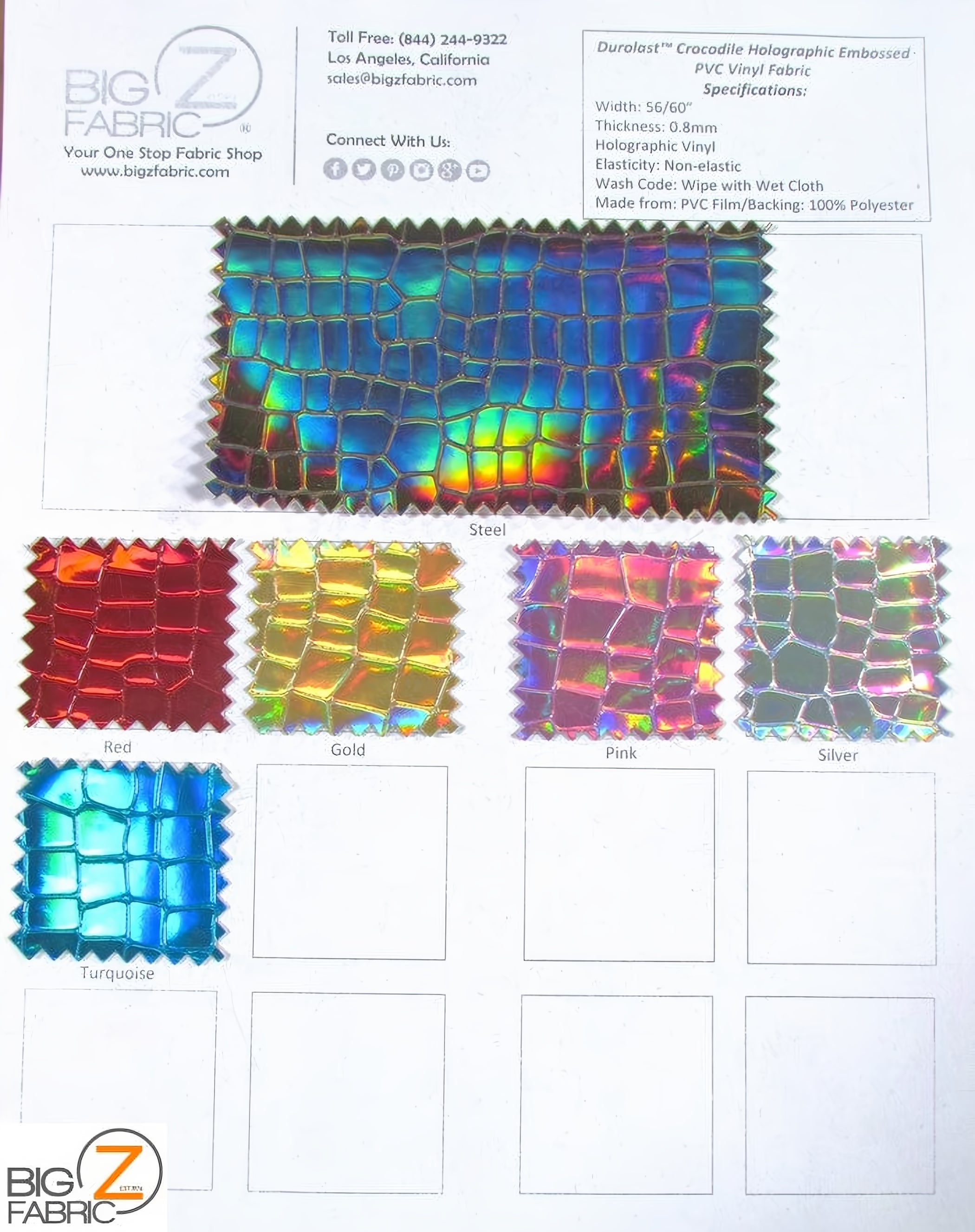 COLOR CARD Crocodile Holographic Embossed PVC Vinyl Fabric