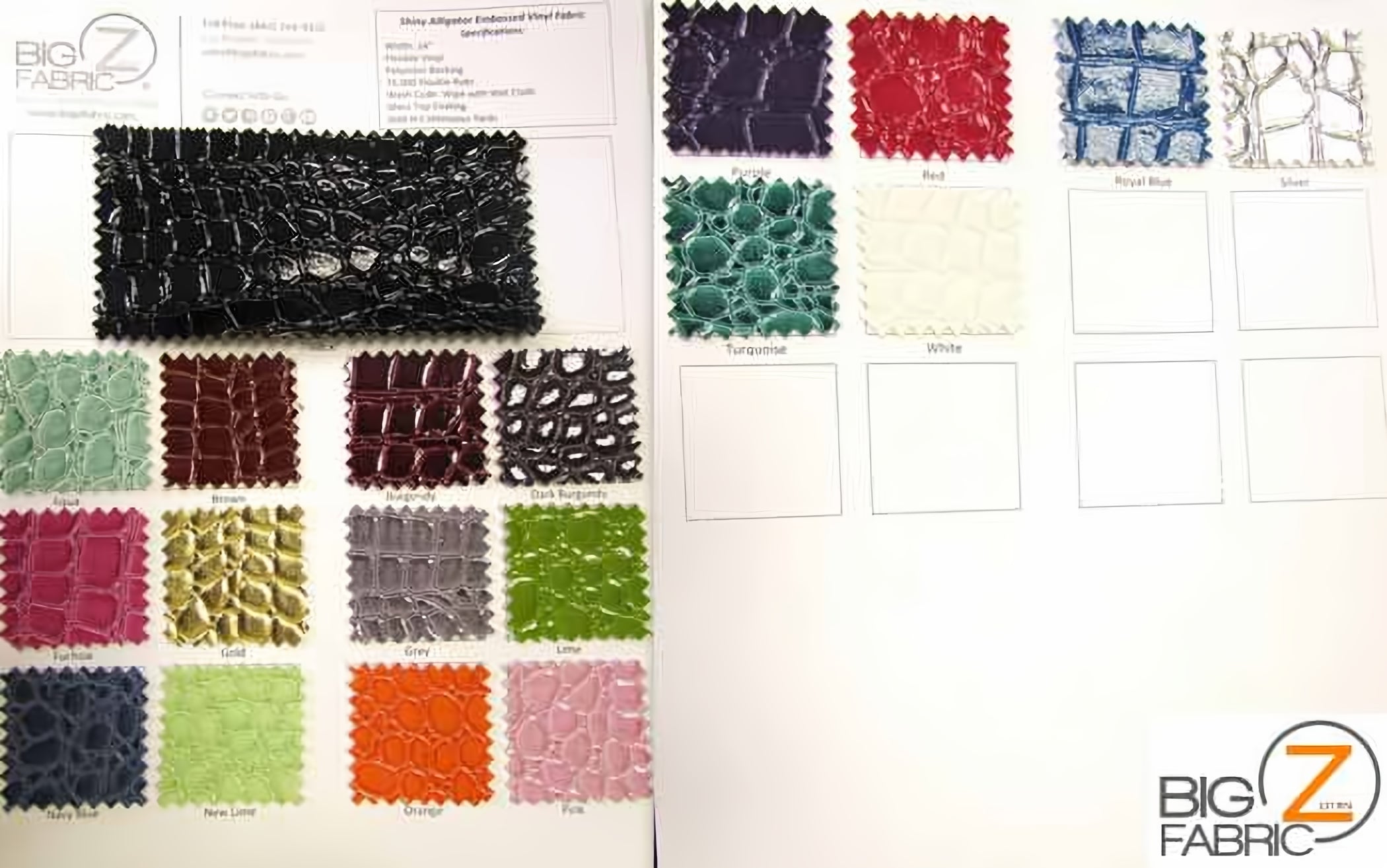 Big Z Color Card Vinyl Embossed Shiny Alligator Fabric