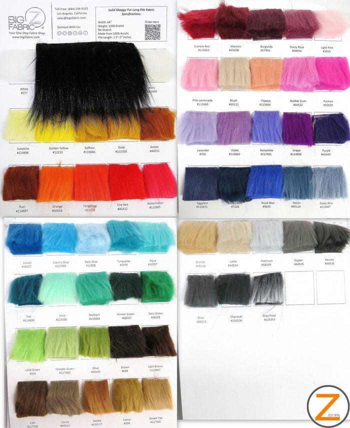 Ecoshag Faux Fake Fur Solid Shaggy Long Pile Faux Fur Fabric - Big Z Color Card