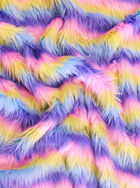 Striped Rainbow Long Pile Faux Fur Fabric / Sold By The Yard
