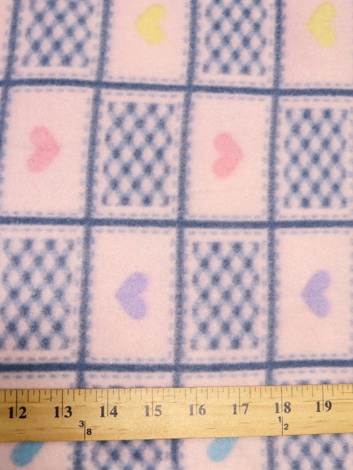Fleece Printed Fabric / Checkered Hearts Pink / Sold By The Yard