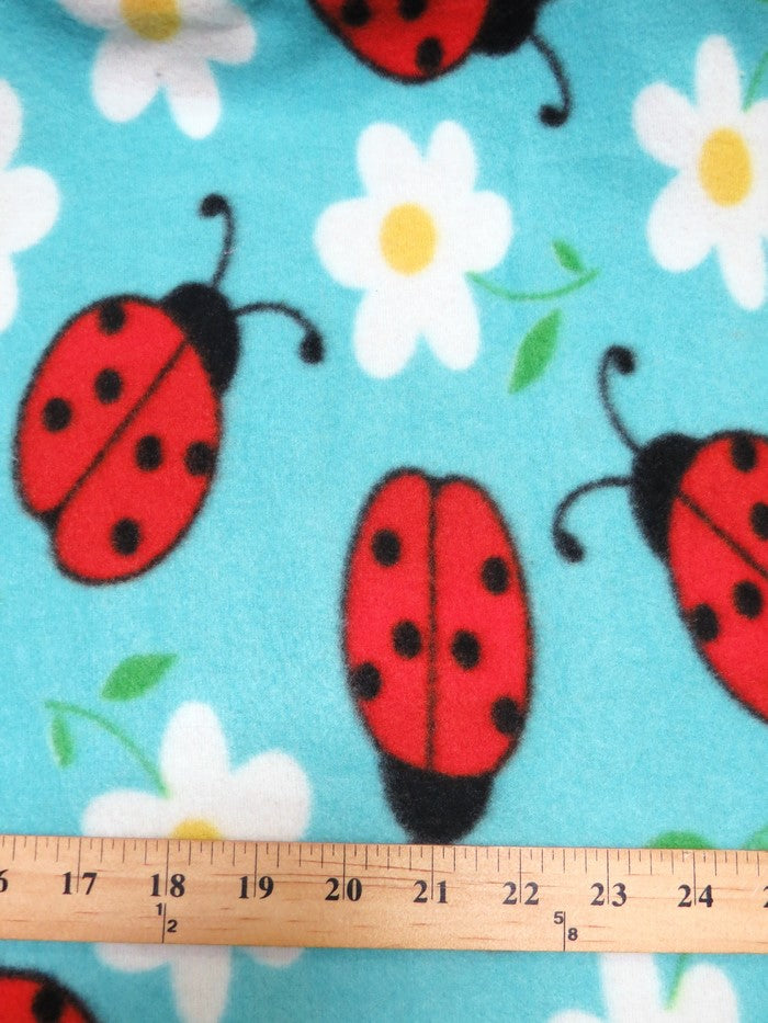 Fleece Printed Fabric / Morning Ladybugs Turquoise / Sold By The Yard