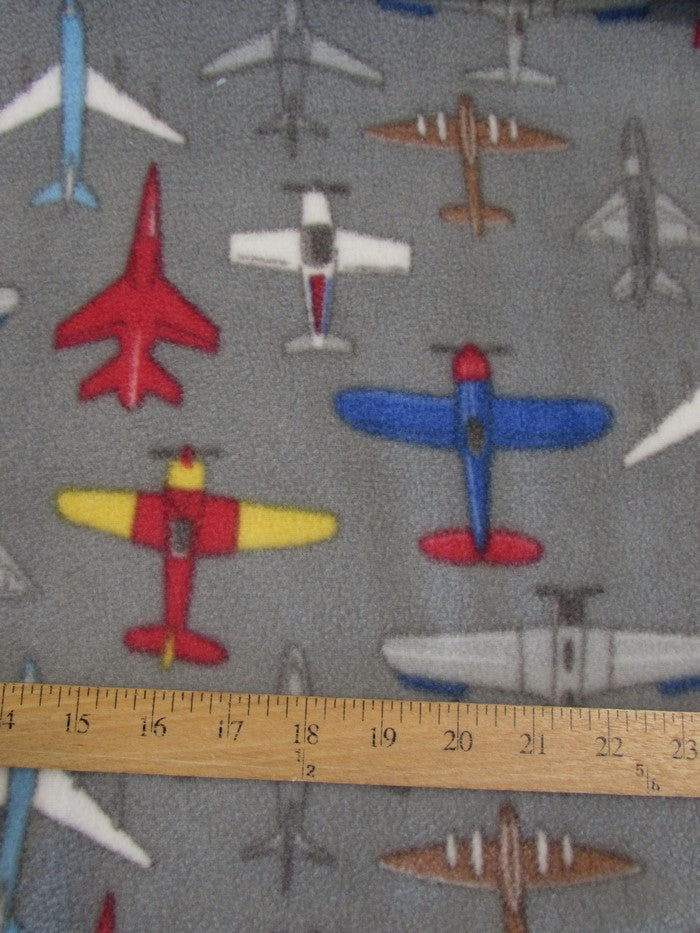 Fleece Printed Fabric / Striking Aces Airplanes Gray / Sold By The Yard