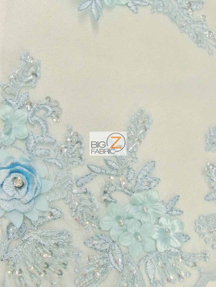 French Floral 3D Beaded Sequins Fabric / Baby Blue / Sold By The Yard