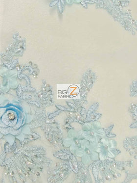 French Floral 3D Beaded Sequins Fabric / Baby Blue / Sold By The Yard