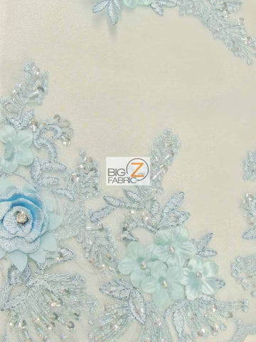 French Floral 3D Beaded Sequins Fabric / Baby Blue / Sold By The Yard