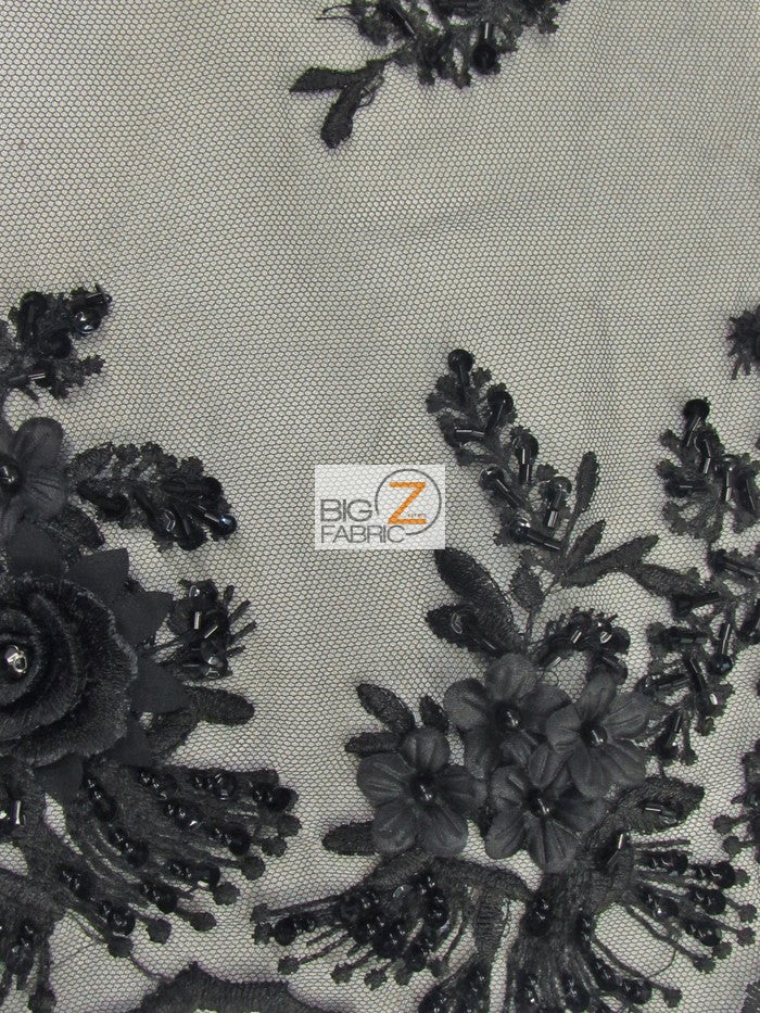 French Floral 3D Beaded Sequins Fabric / Black / Sold By The Yard