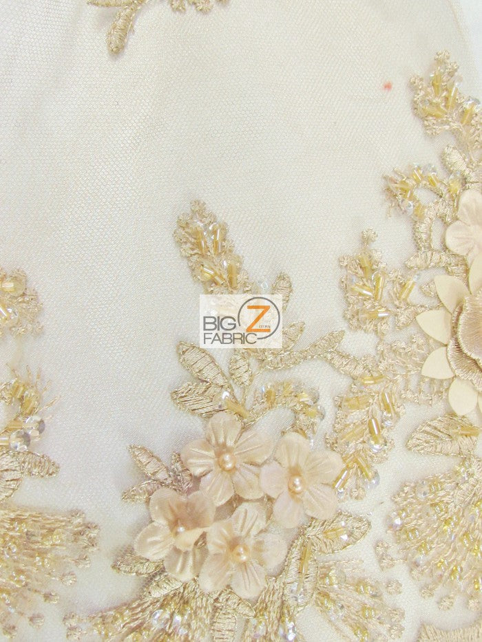 French Floral 3D Beaded Sequins Fabric / Gold / Sold By The Yard