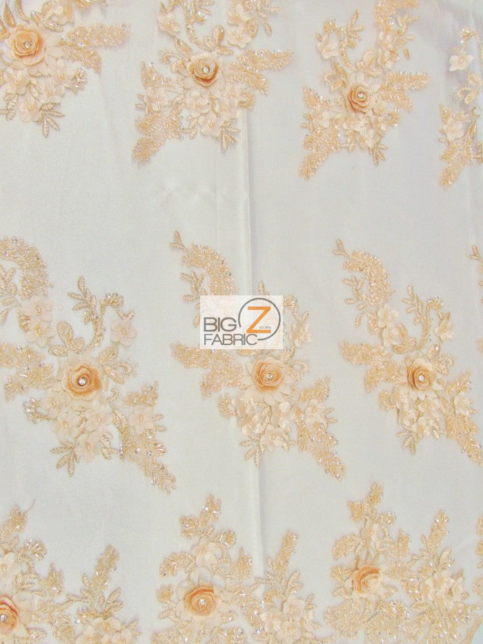 French Floral 3D Beaded Sequins Fabric / Peach / Sold By The Yard