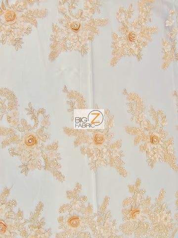 French Floral 3D Beaded Sequins Fabric / Peach / Sold By The Yard