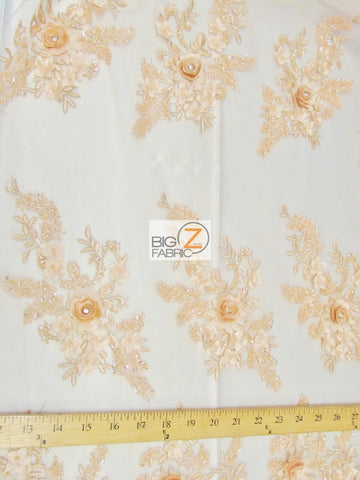 French Floral 3D Beaded Sequins Fabric / Peach / Sold By The Yard - 0