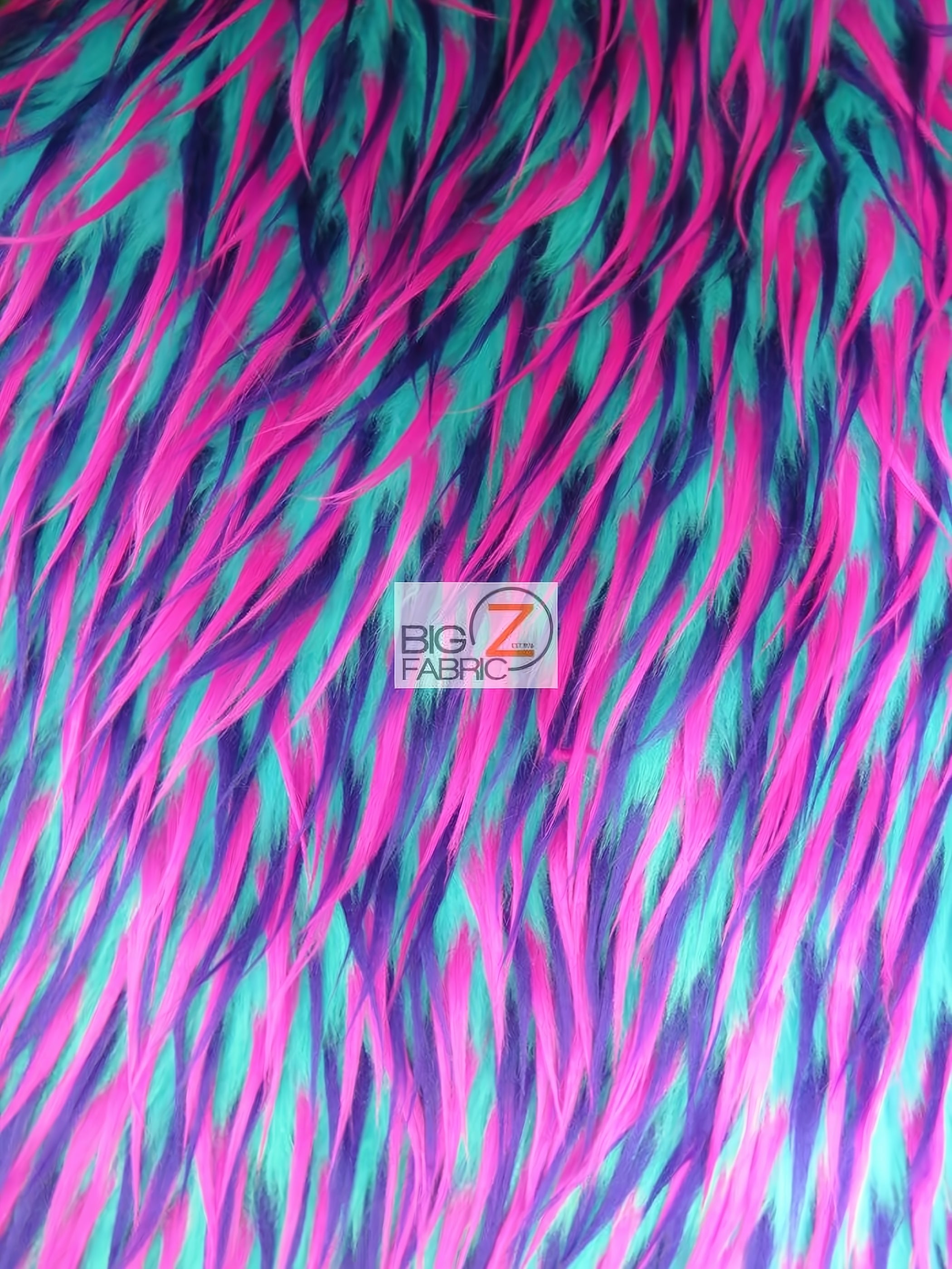 Neon Pink Purple On Aqua 3 Tone Spiked Shaggy Long Pile Faux Fur Fabric / Sold by The Yard