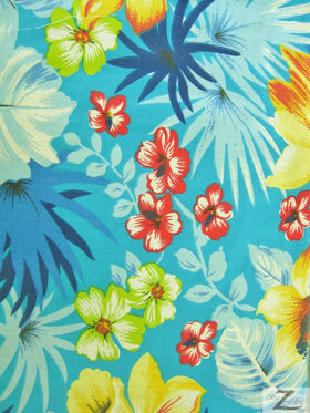 Poly Cotton Printed Fabric Flower Mix / Turquoise / Sold By The Yard
