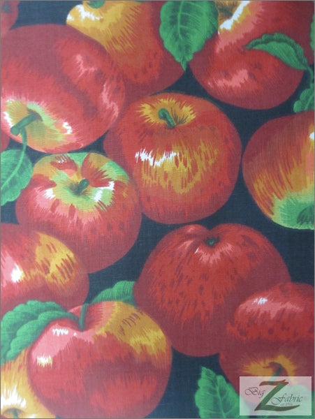 Poly Cotton Printed Fabric Fruit Apple / Black / Sold By The Yard