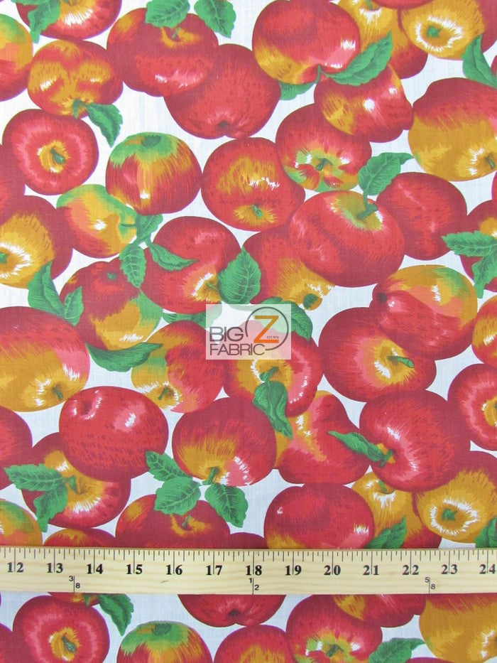 Poly Cotton Printed Fabric Fruit Apple / White / Sold By The Yard