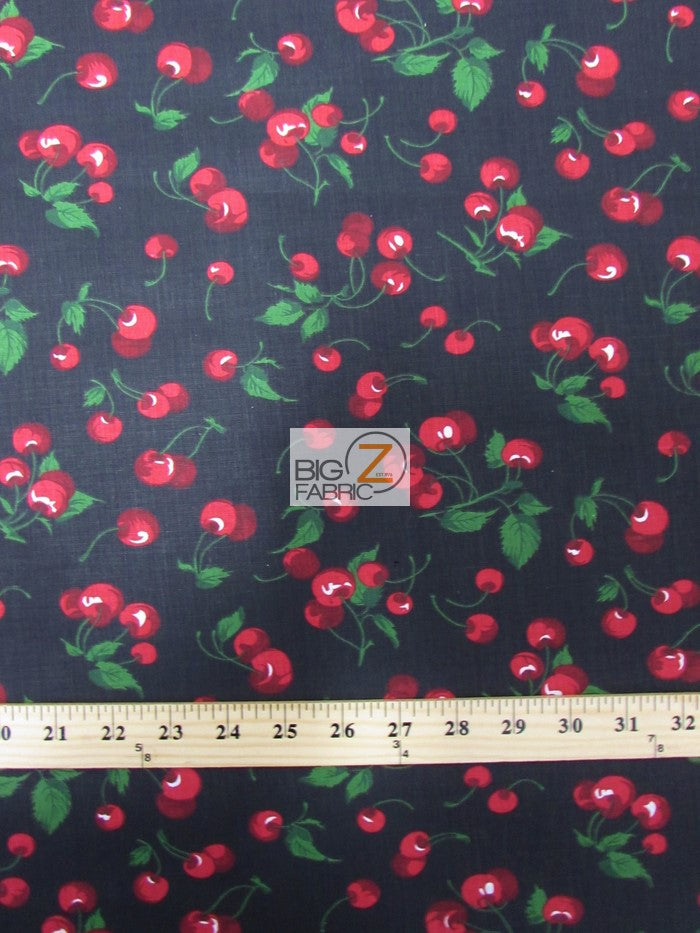 Poly Cotton Printed Fabric Fruit Cherry / Black / Sold By The Yard
