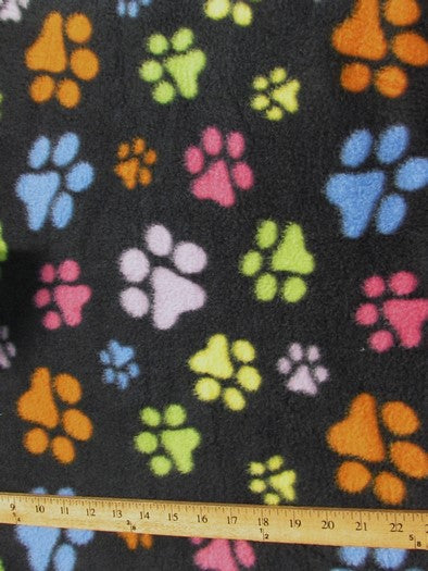 Fleece Printed Fabric / Multi-Color Paw Print Black / Sold By The Yard