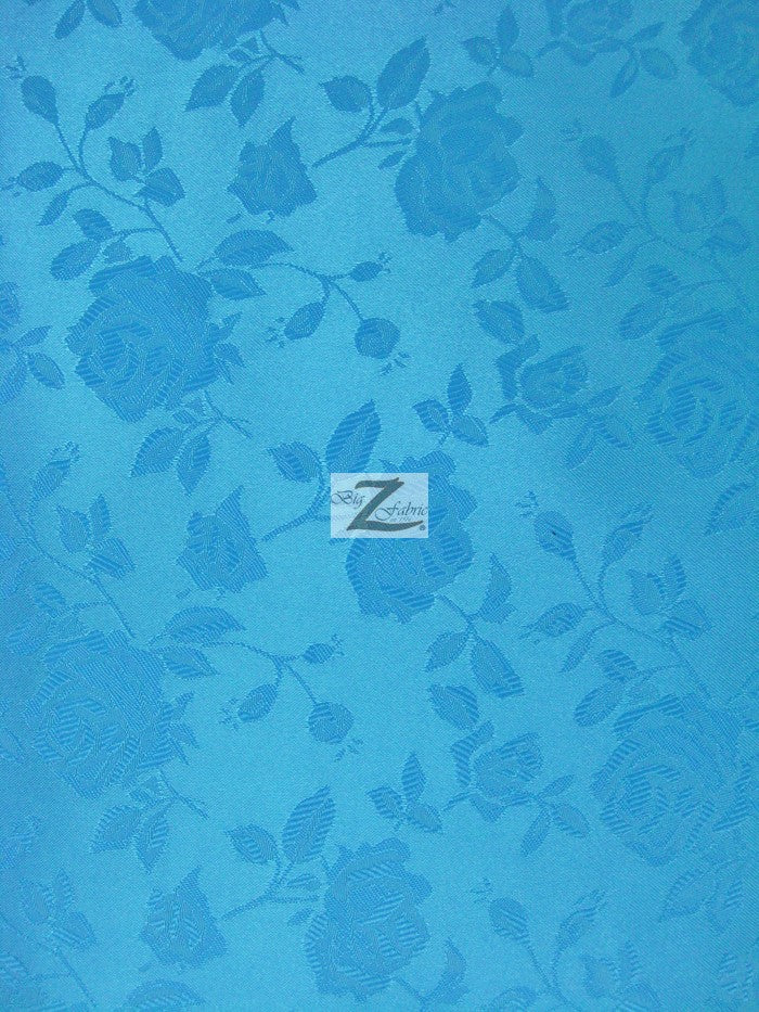 Floral Rose Jacquard Satin Fabric / Turquoise / Sold By The Yard