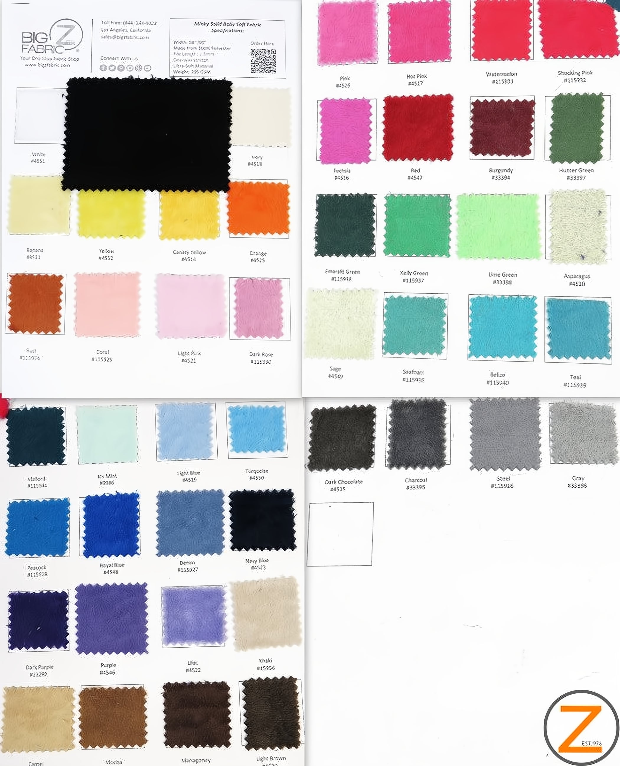 Big Z Color Card Hug-Z® Minky Solid Baby Soft Fabric by the Yard | Big ...