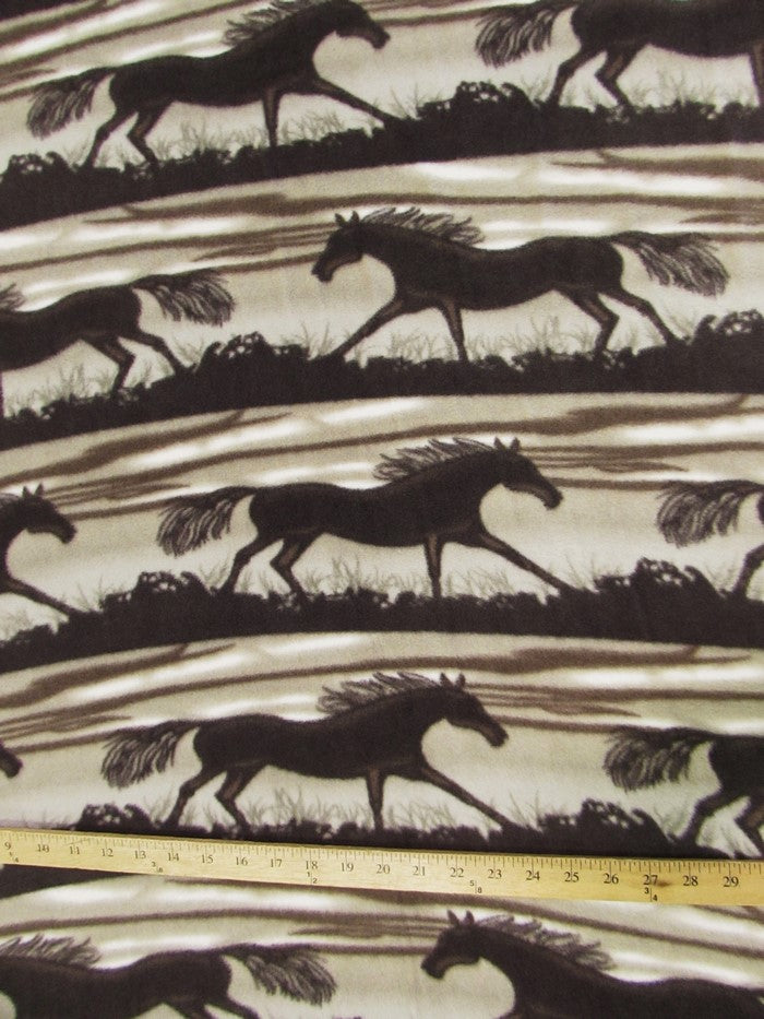 Fleece Printed Fabric Animal Horse / Running Horses Brown/Gray / Sold By The Yard